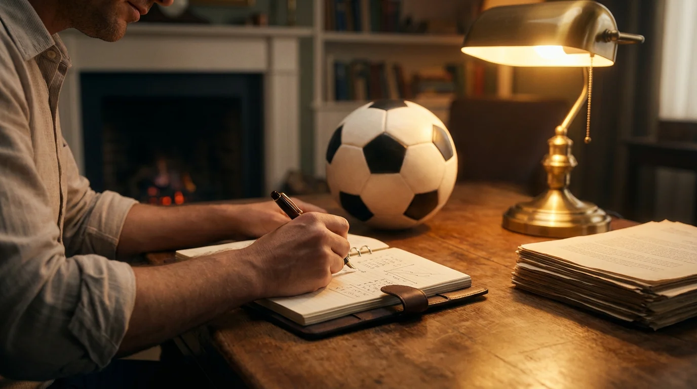 Persoon plant een wedbudget met notitieboek en pen op een houten bureau naast een voetbal