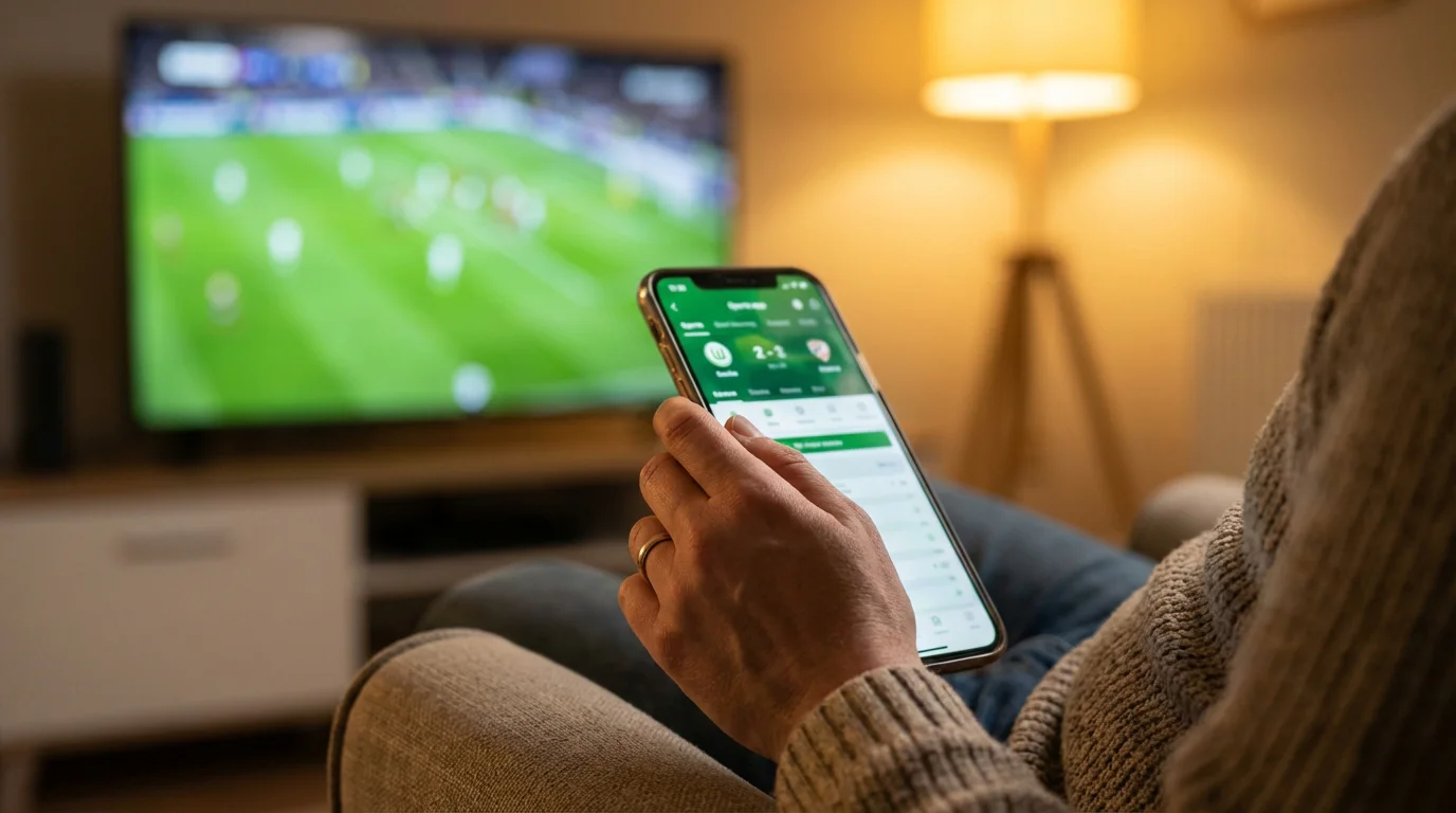 Persoon houdt een smartphone vast met een sport-app terwijl een voetbalwedstrijd op tv speelt
