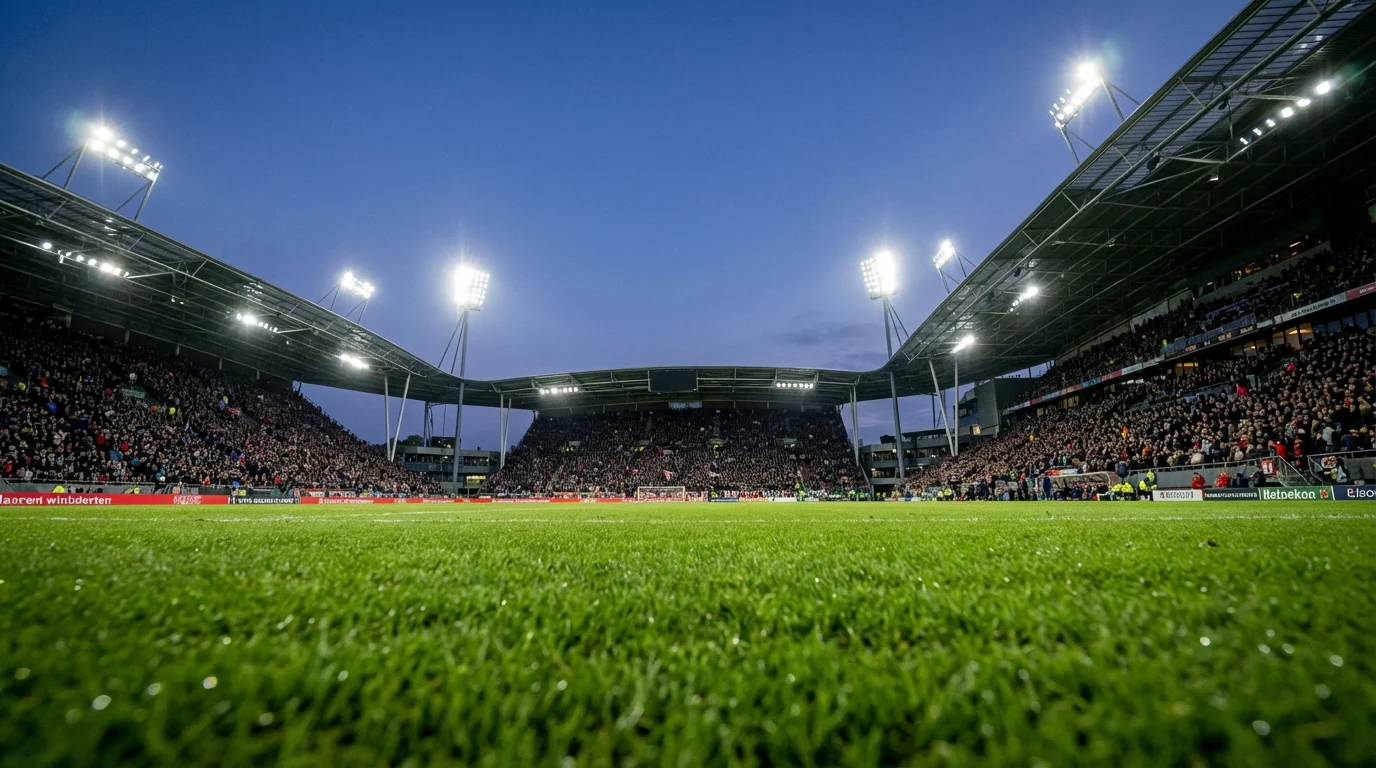 Voetbalstadion in Nederland met groene grasmat en verlichte tribunes bij avondwedstrijd