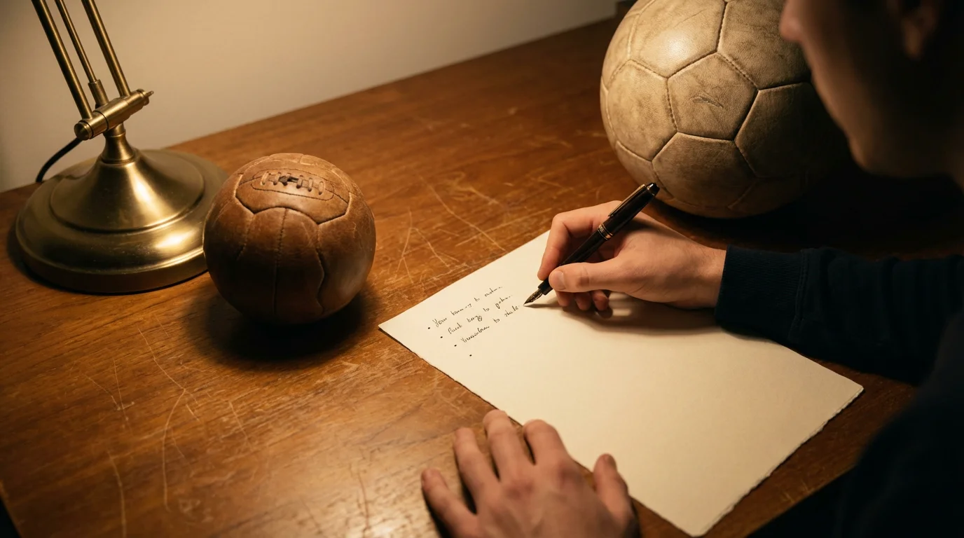 Handen van een persoon die selecties noteert op papier naast een voetbal op een bureau