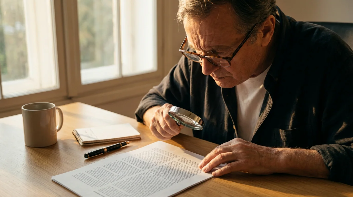 Persoon leest de voorwaarden van een sportbonus in een document aan een opgeruimd bureau