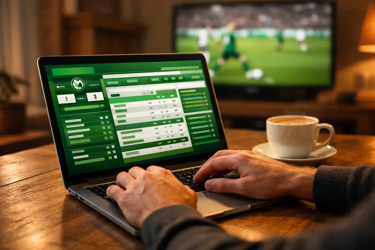 Persoon vergelijkt bookmakers op laptop met voetbalwedstrijd op achtergrond
