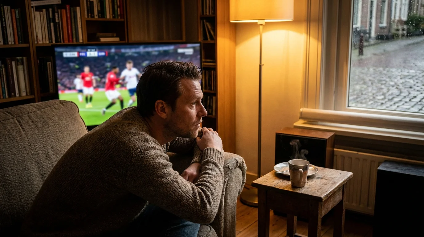 Voetbalwedstrijd op televisie in een huiskamer met een persoon die gefocust meekijkt bij avondlicht