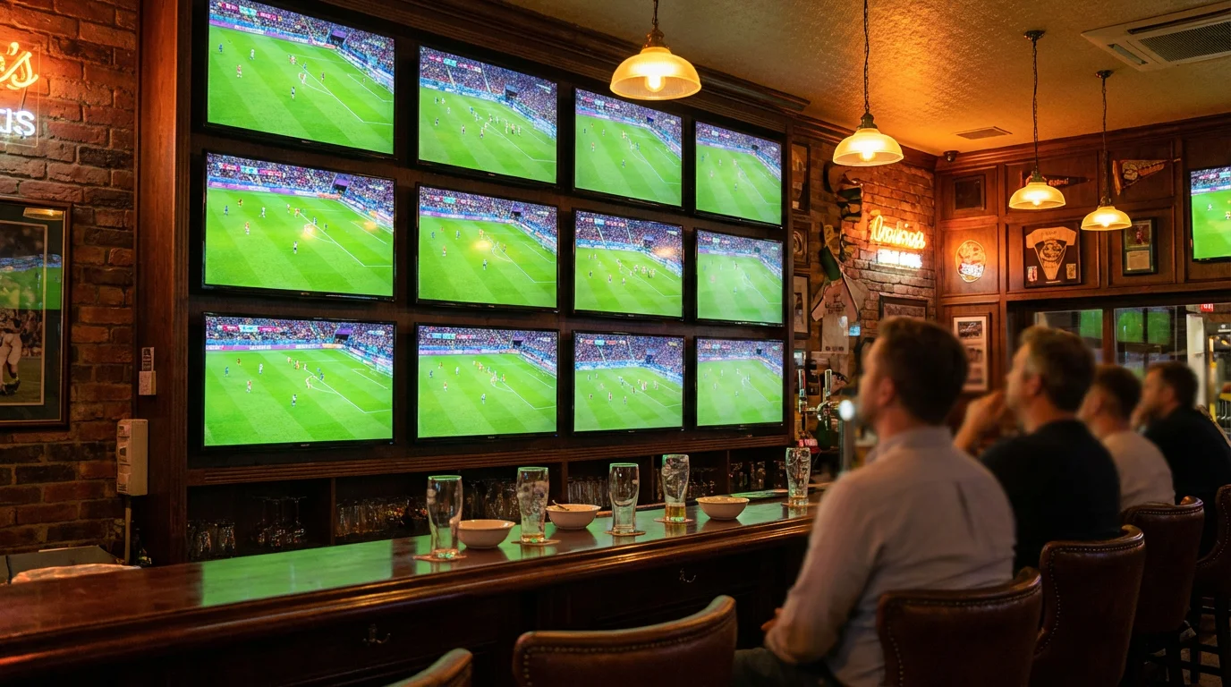 Meerdere voetbalwedstrijden zichtbaar op schermen in een sportbar met sfeerverlichting