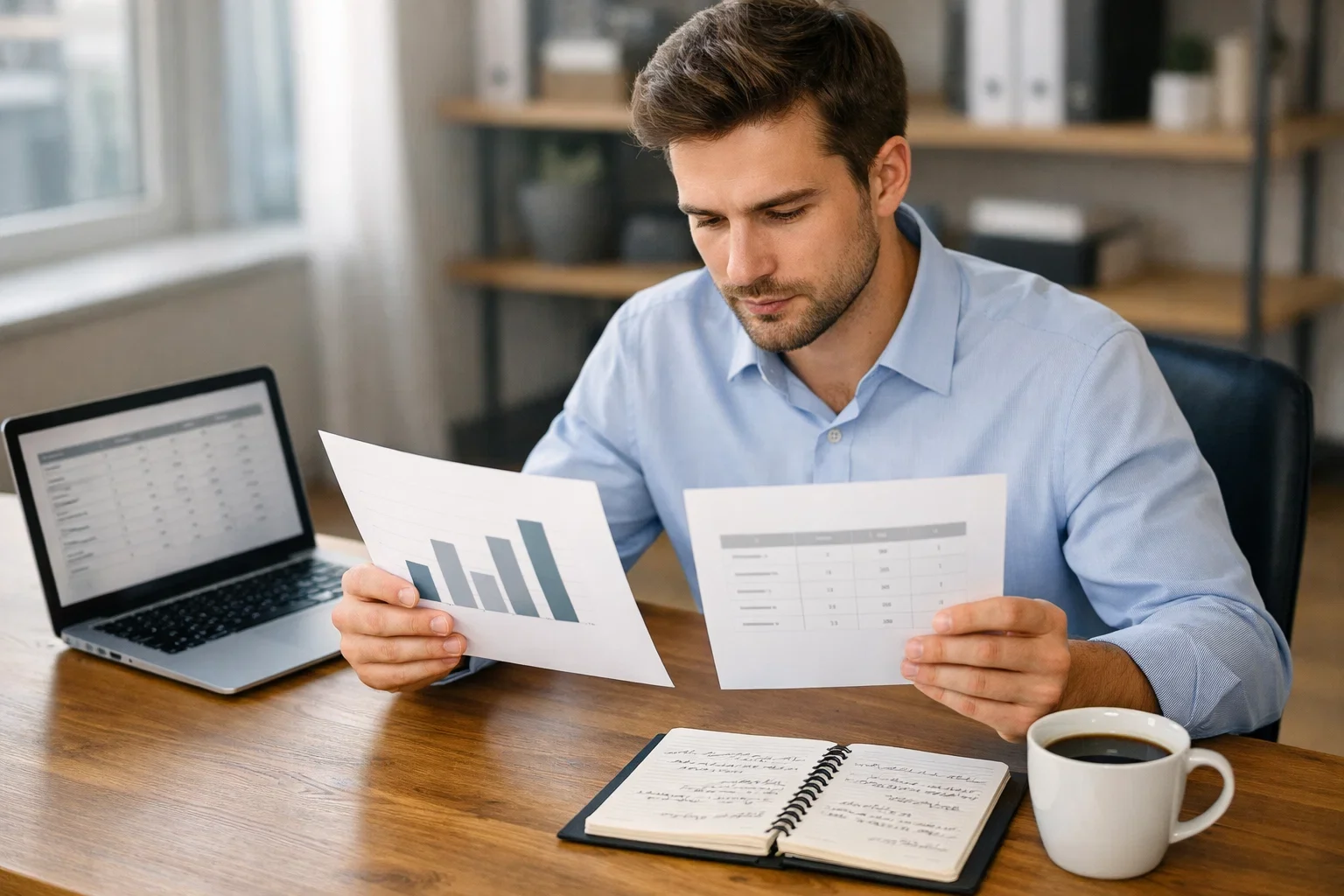 Professional analyseert documenten met vergelijkingsgrafieken op bureau