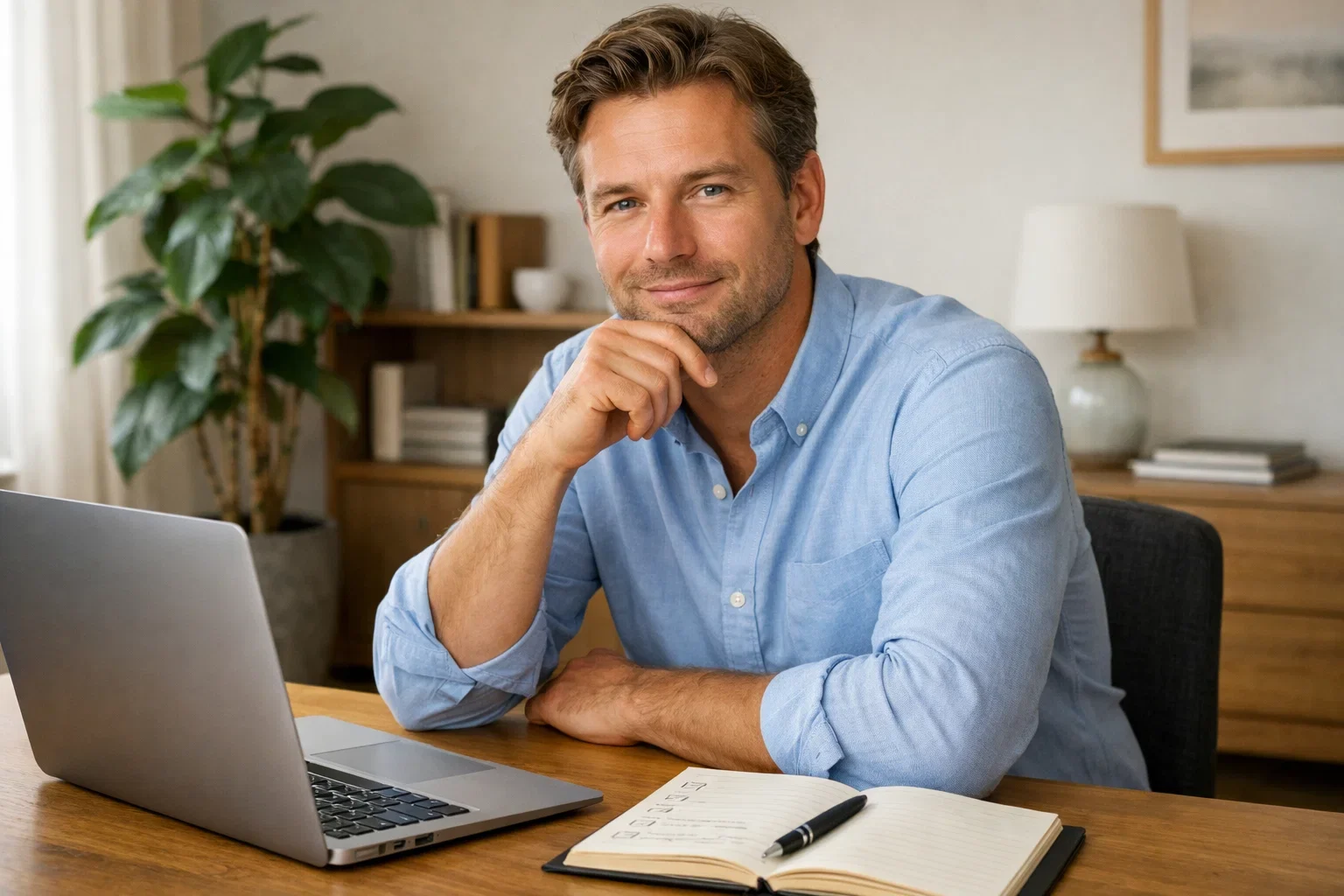 Man maakt weloverwogen keuze achter laptop met notitieblok