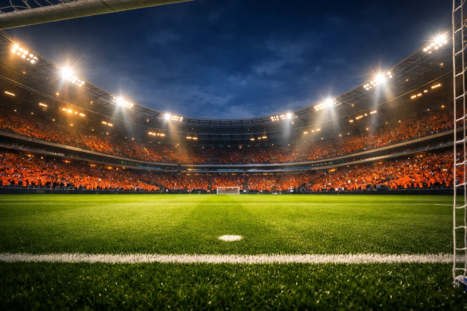Voetbalstadion tijdens een avondwedstrijd met verlichte tribunes