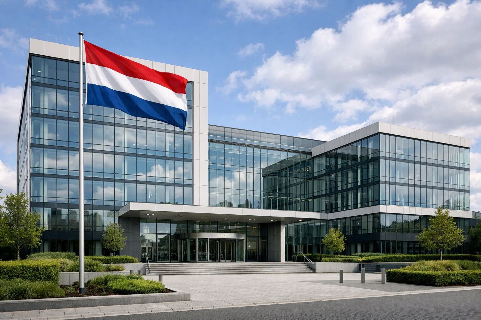Modern kantoorgebouw van toezichthouder met Nederlandse vlag