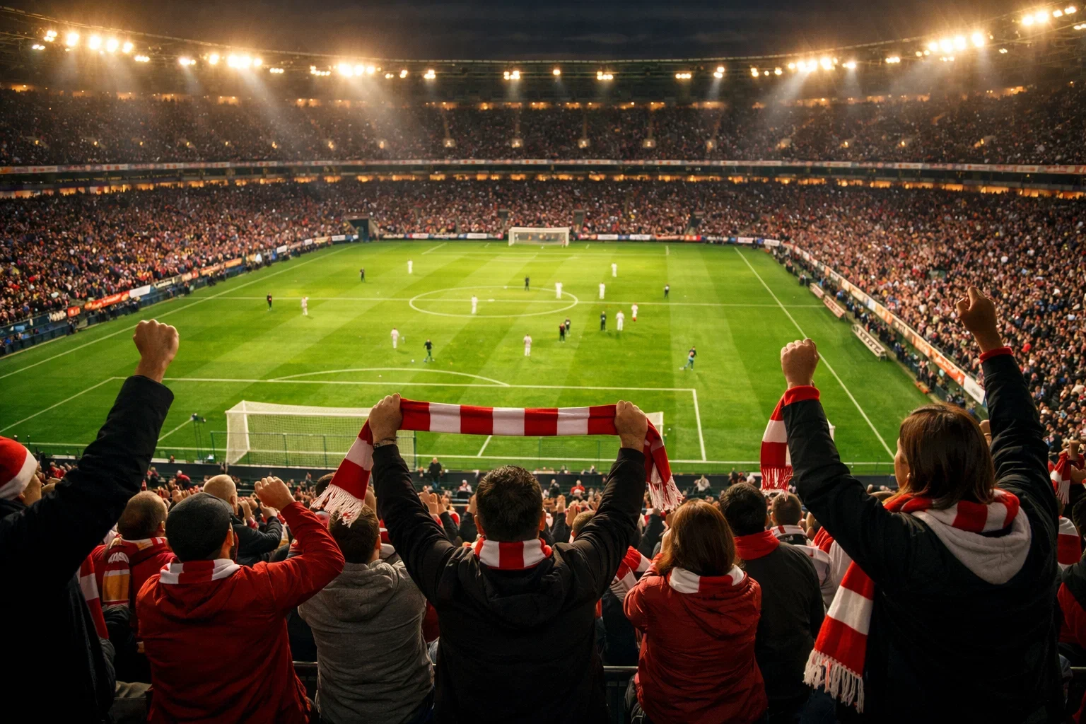 Voetbalstadion met supporters tijdens een wedstrijd