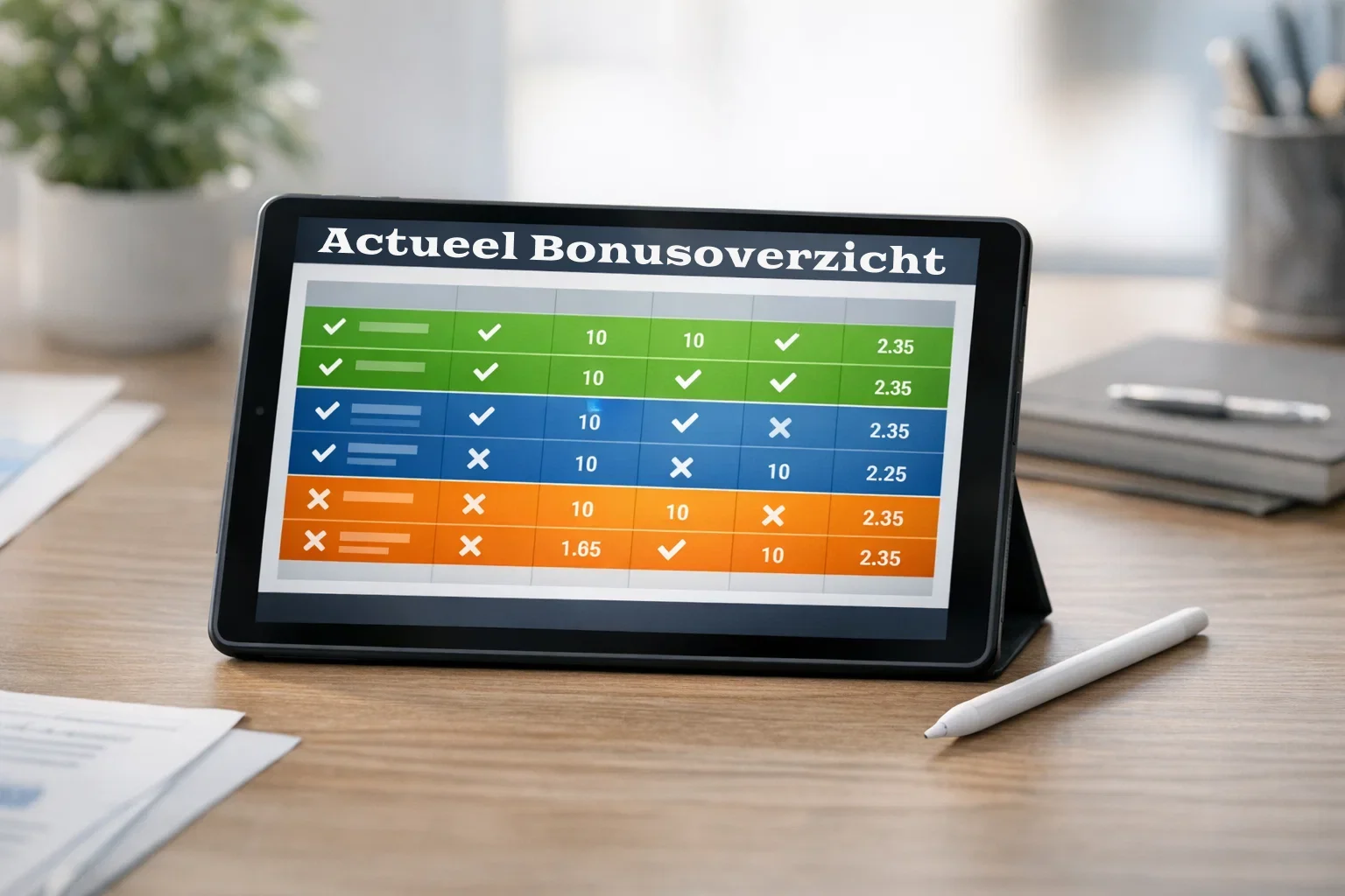 Vergelijkingstabel op tablet voor bonusoverzicht