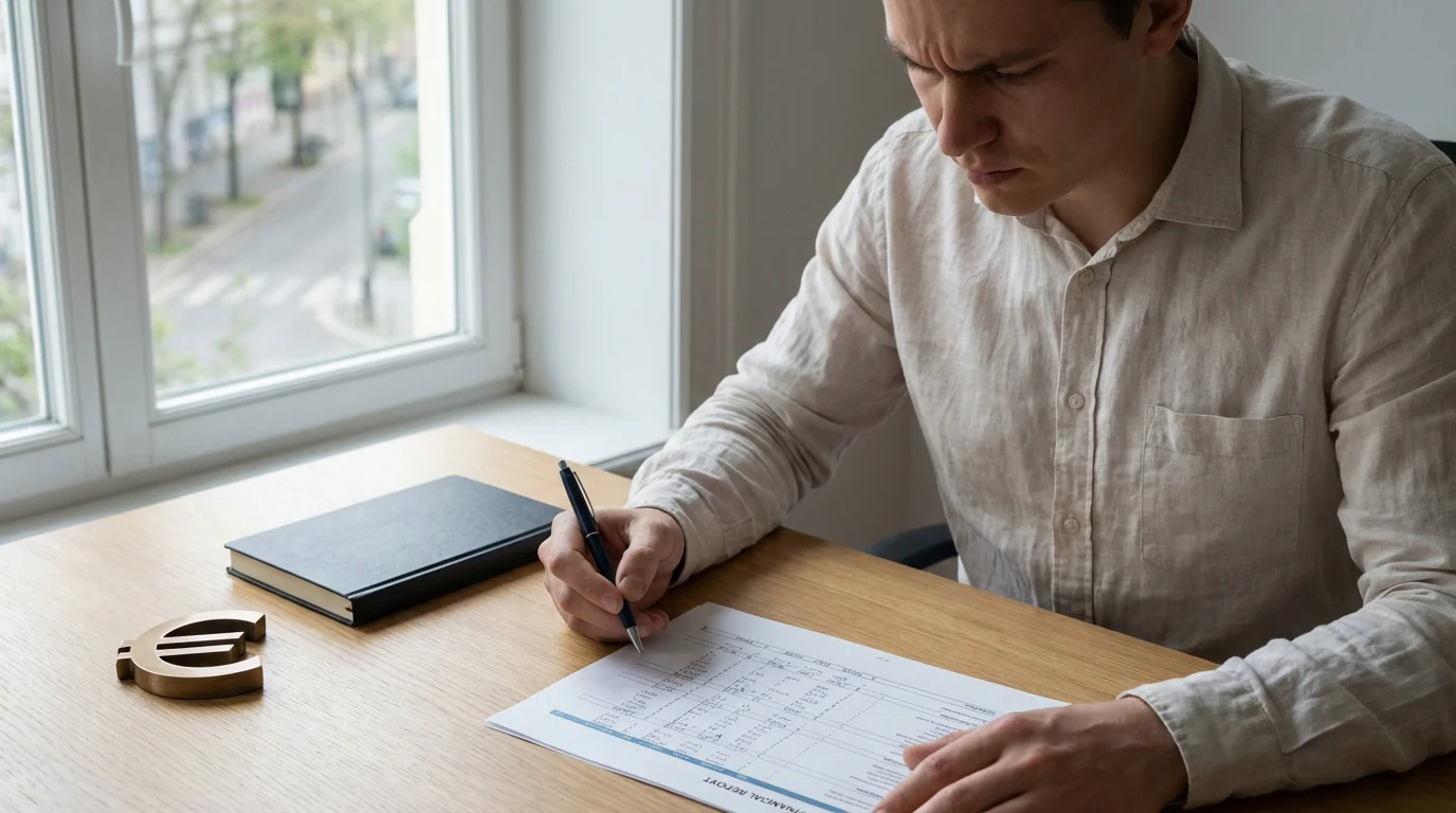 Persoon bekijkt een financieel document met een pen aan een opgeruimd bureau met zacht daglicht