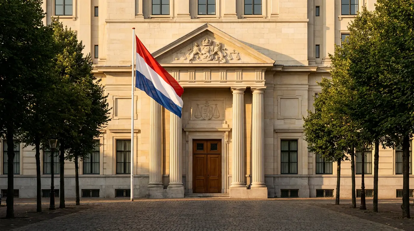 Officieel Nederlands overheidsgebouw met een weegschaal symbool dat regelgeving en bescherming voorstelt