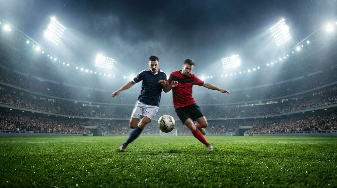 Voetbalwedstrijd in een verlicht stadion bij avond met spelers in actie op het groene veld