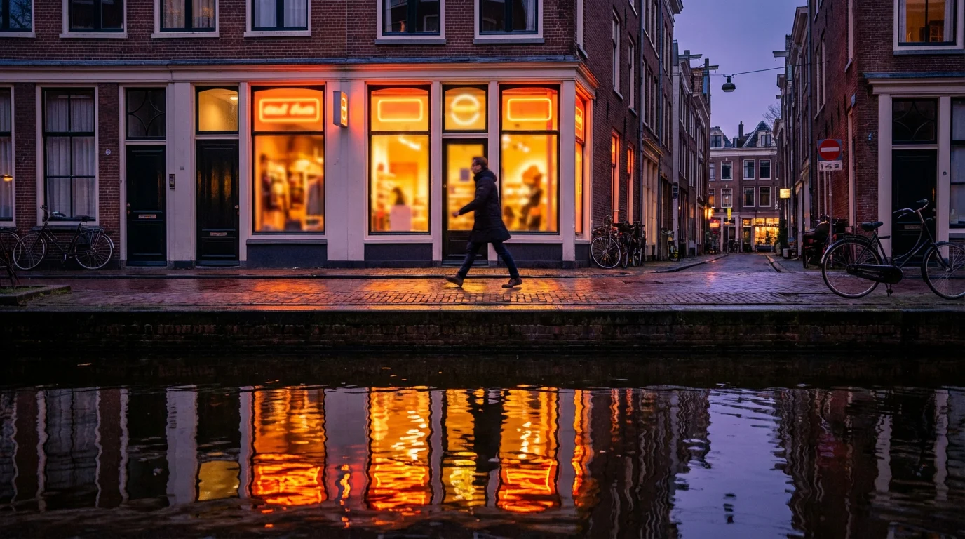 Moderne Nederlandse straat met verlichte etalages die sportweddenschappen symboliseren bij schemering