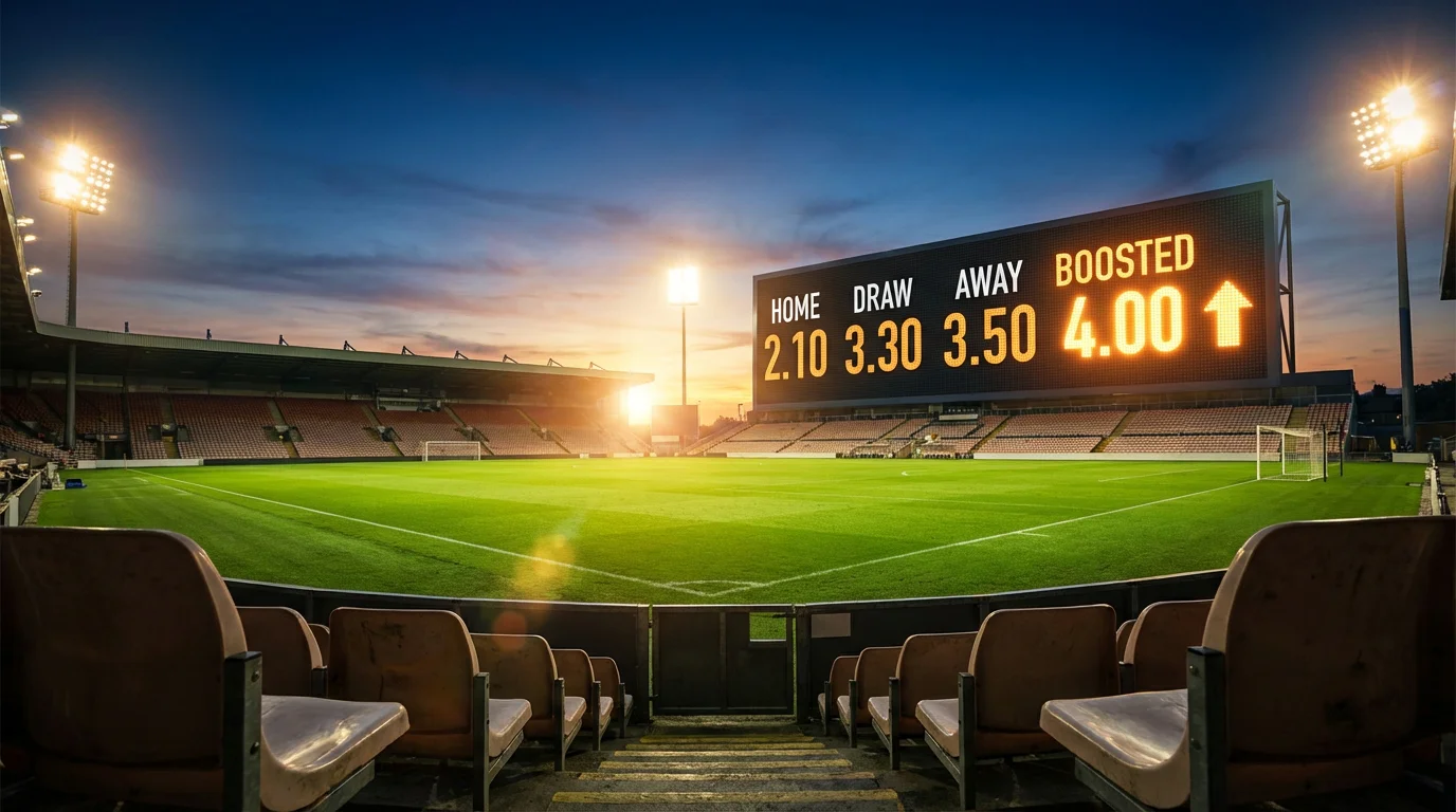 Voetbalwedstrijd met verlichte scorebord dat verhoogde odds toont in een stadion bij avondlicht