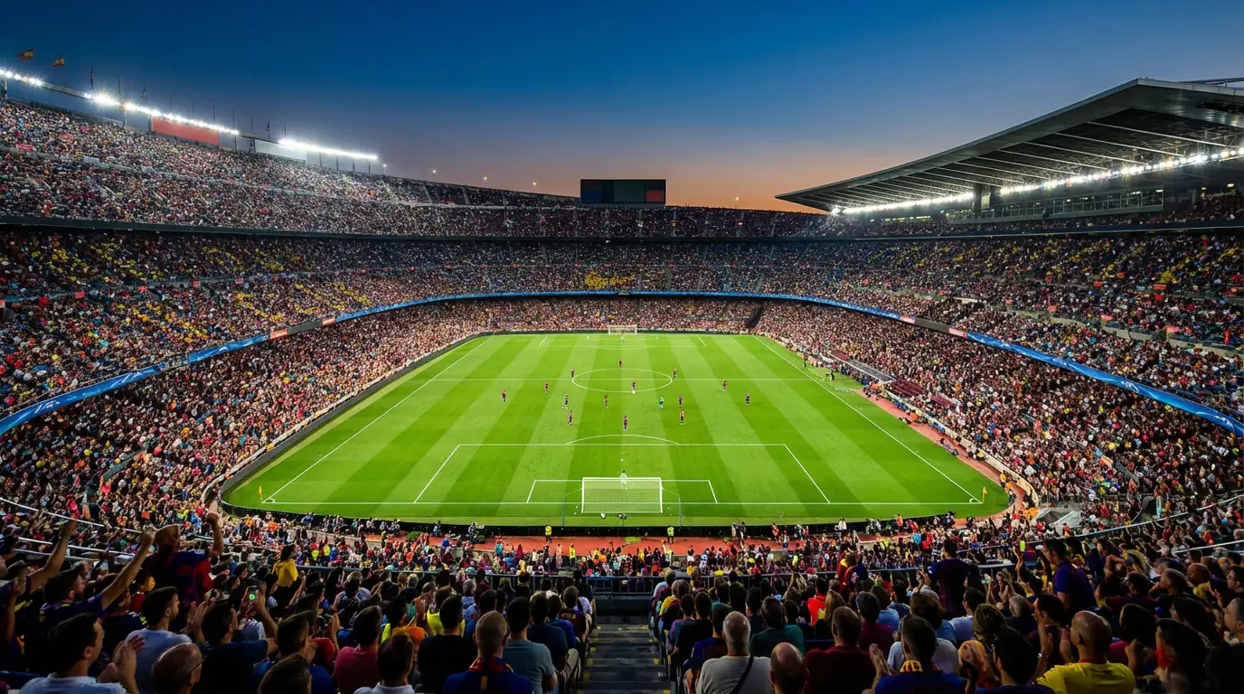 Breed overzicht van een voetbalstadion met groen veld en volle tribunes onder avondlicht