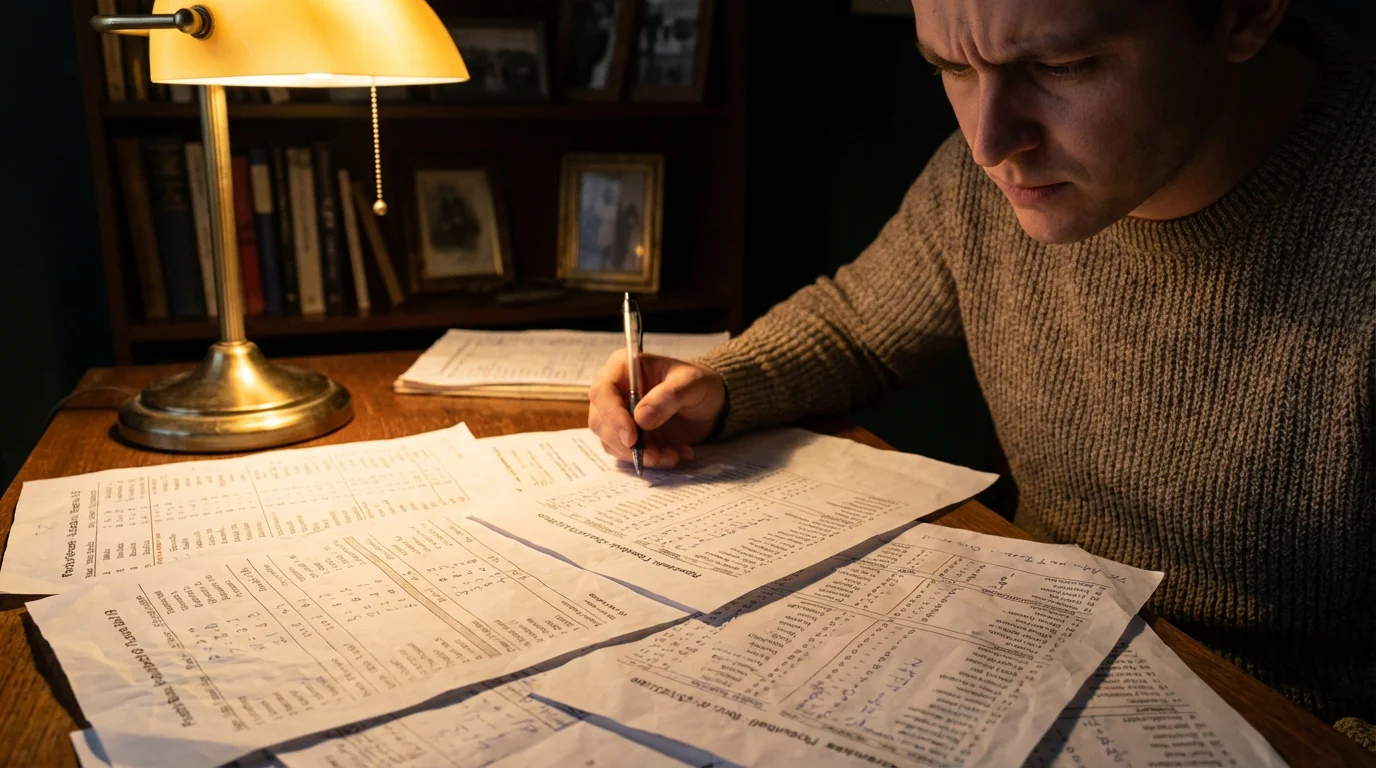 Nadenkende persoon bestudeert voetbalstatistieken op papier aan een bureau met warm licht