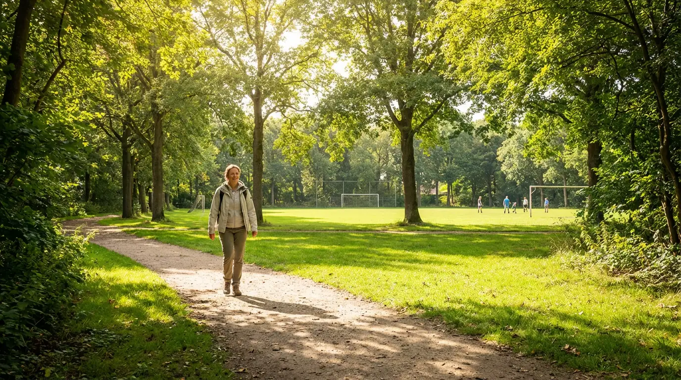 Persoon wandelt ontspannen door een Nederlands park op een zonnige dag met een voetbalveld op de achtergrond