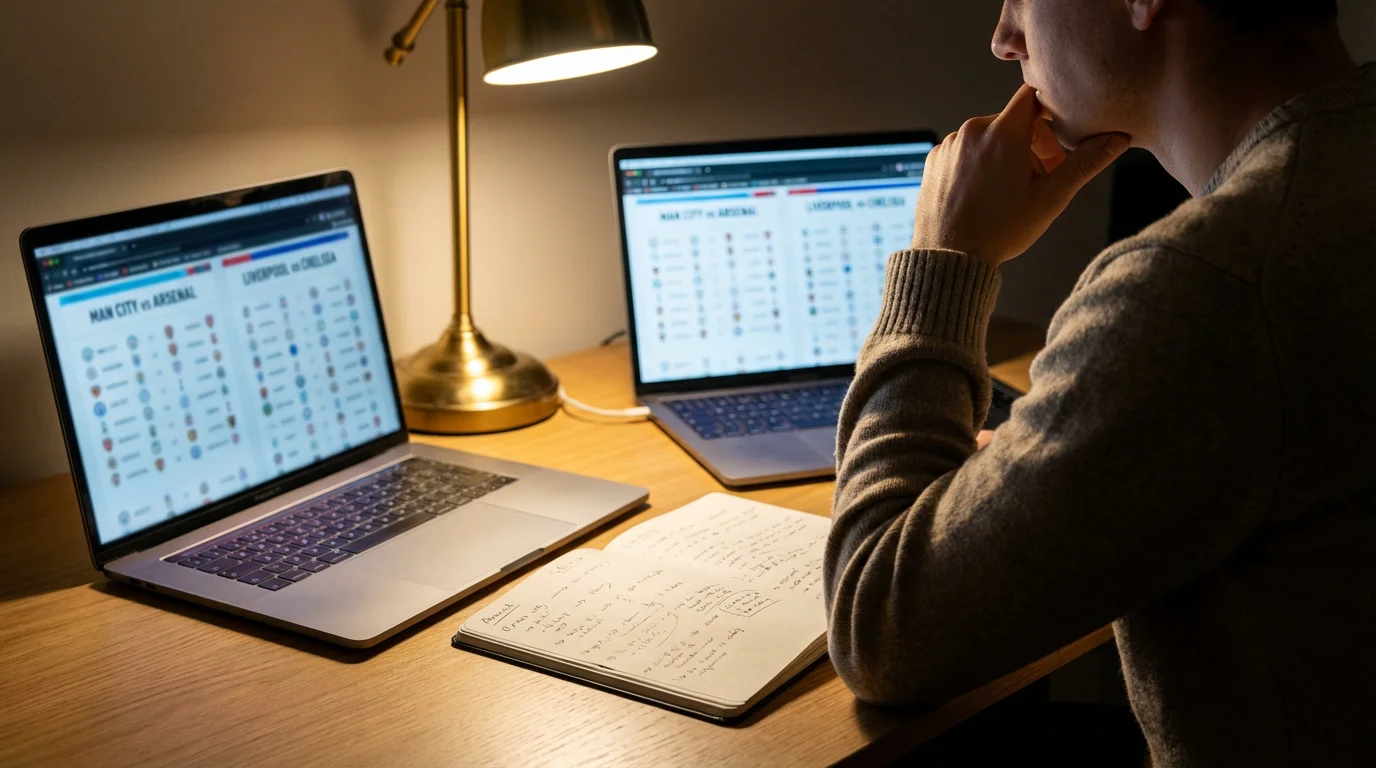 Persoon vergelijkt voetbalquoteringen op meerdere schermen aan een bureau met warm licht