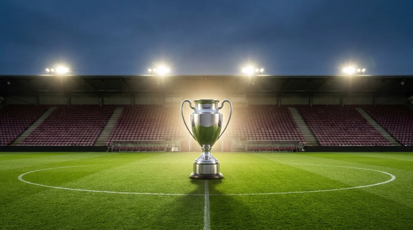 Voetbalbeker trofee op een groen veld in een Nederlands stadion met avondverlichting