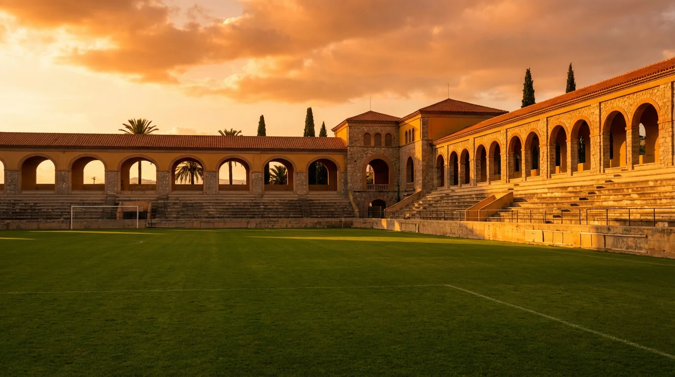 Mediterraan voetbalstadion bij zonsondergang met warm licht over het groene speelveld