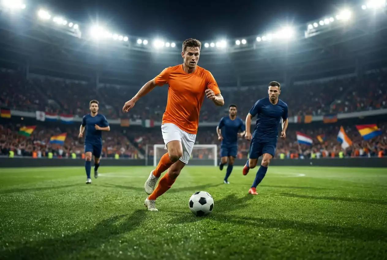 Nederlands elftal voetballers in oranje shirts op een groen voetbalveld tijdens een interland