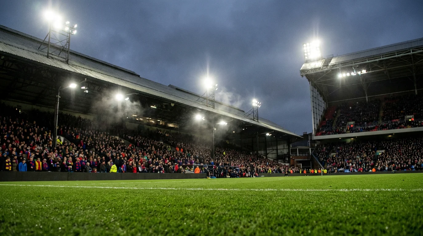 Voetbalveld met groen gras in een vol Premier League stadion onder felle stadionlampen