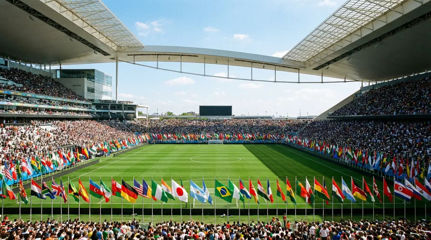 Groot internationaal voetbalstadion met vlaggen van verschillende landen en groen speelveld